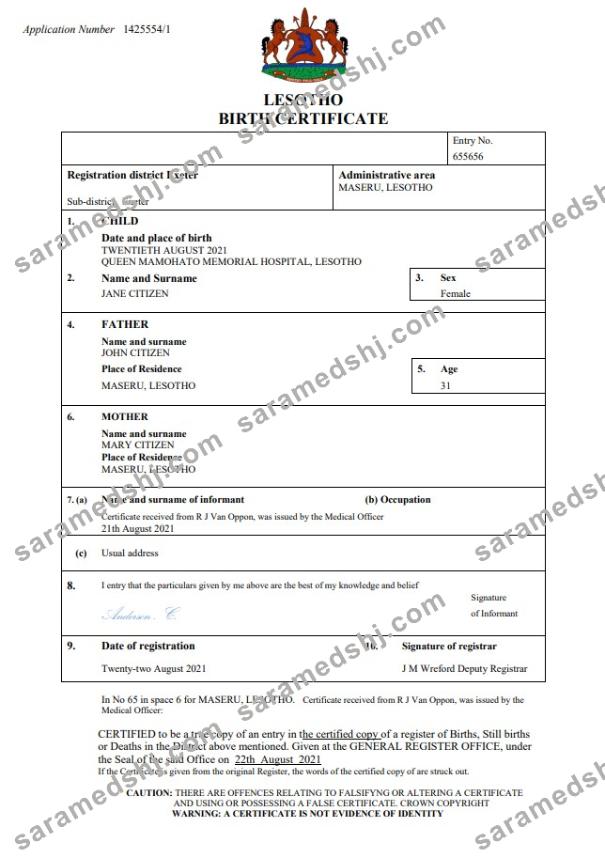 Lesotho birth certificate Word and PDF template